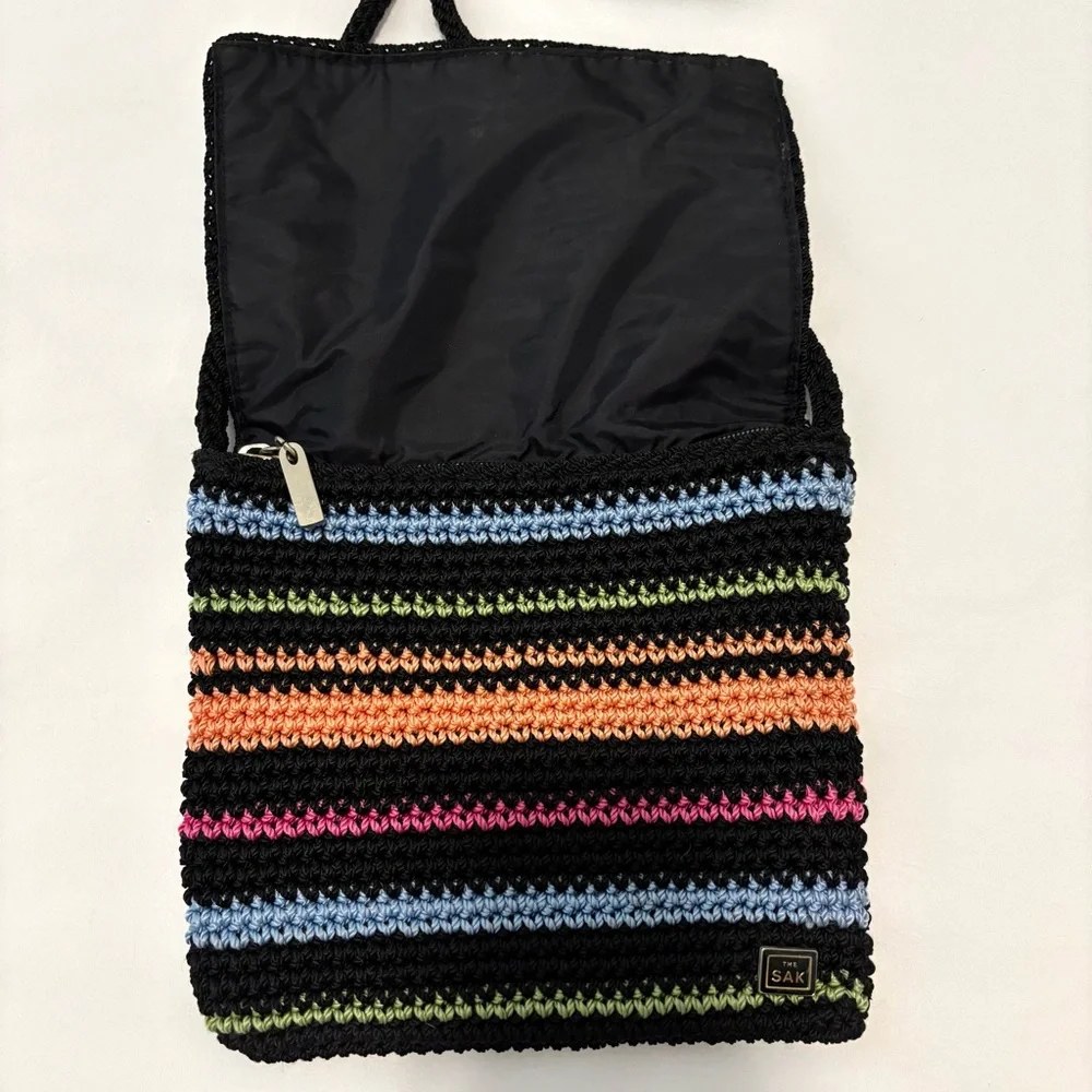 The Sak Black Multicolor Rainbow Striped Crochet Crossbody Flap Bag Boho Hippie